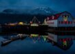 Petersburg's iconic Sons of Norway Hall overlooks the harbor, adorned with festive lights that brighten Southeast Alaska's winter nights.