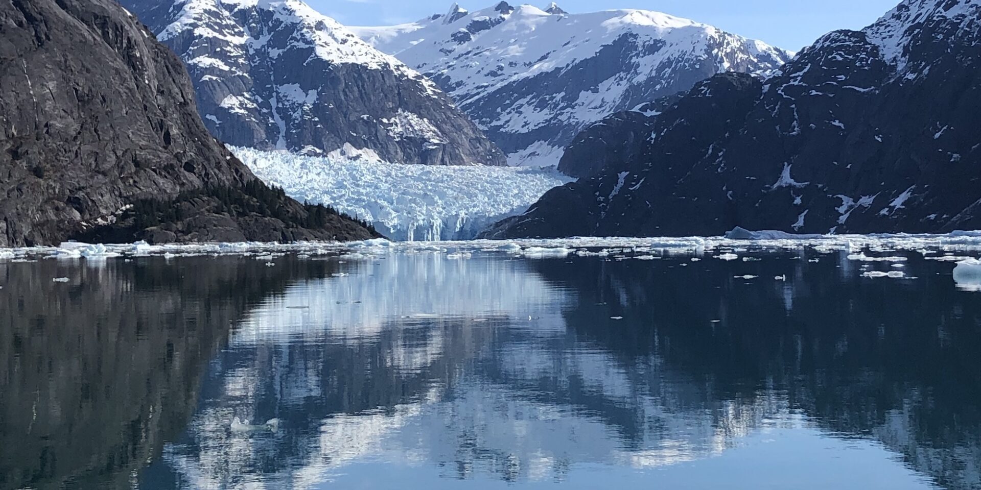 The blue face of LeConte Glacier meeting the sea, with snowy peaks reflected in the calm, ice-dotted water of LeConte Bay near Petersburg, Alaska.