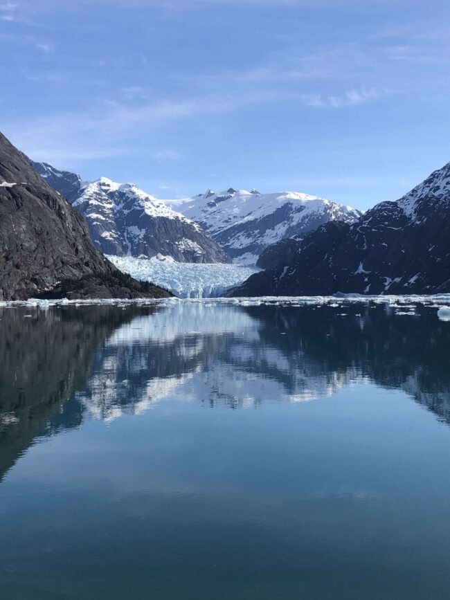 The blue face of LeConte Glacier meeting the sea, with snowy peaks reflected in the calm, ice-dotted water of LeConte Bay near Petersburg, Alaska.