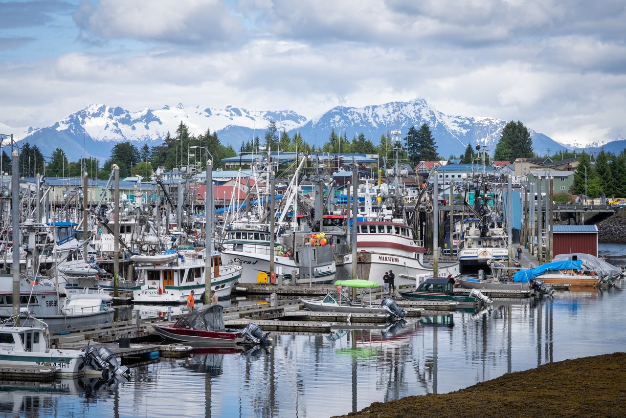 Fishing boats fill the harbor in Petersburg, Alaska, with the town and snow-covered mountains behind.
